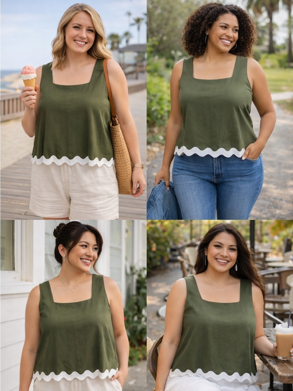 Olive Green Sleeveless Top with White Trim